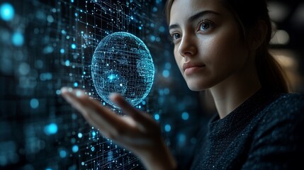 Naklejka premium Woman interacts with digital globe, futuristic office background