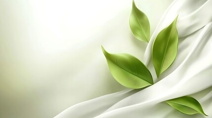 Fototapeta premium Green leaves rest gently on flowing white fabric