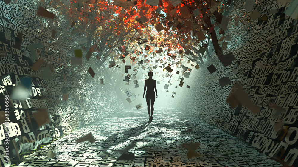 Poster an abstract human figure walking through a forest of letters, with trees and leaves made of words fr