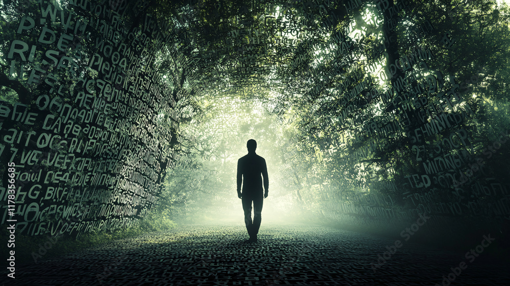 Poster an abstract human figure walking through a forest of letters, with trees and leaves made of words fr