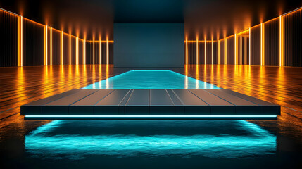 Neon Glow 3D Illustration: Futuristic Poolside Platform