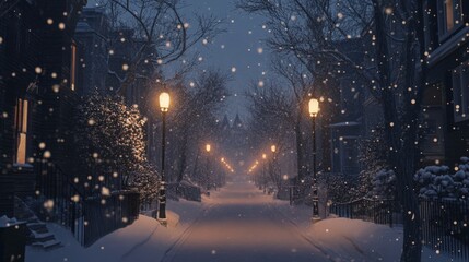 A snowy street with a street light in the middle