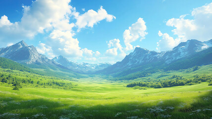 Majestic valley landscape with rolling grasslands, mountains, and a clear blue sky for creative use