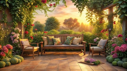 Obraz premium Serene Garden Patio Retreat at Sunrise with Wooden Furniture and Lush Blooming Flowers