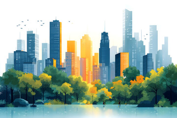 Obraz premium A flat-design vector illustration of a cityscape with modern buildings, green parks, cars, and people walking. The buildings are simplified with geometric shapes and bright, pastel colors.