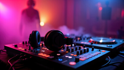 Colorful DJ headphones rest on DJ console in smoky nightclub. Vibrant lighting, fog create dynamic...