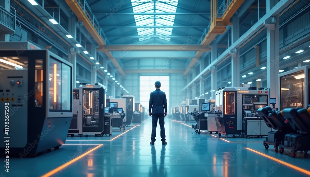 Poster modern factory interior shows connected machines, worker. advanced tech, automation. industry 4. 0 f