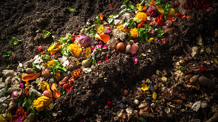 An abstract illustration of a biodynamic compost heap, with layers of organic materials beautifully arranged, attracting vibrant insects and microorganisms that support fertility.  