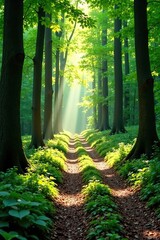 Obraz premium Dappled sunlight filters through trees on a forest path, nature, path, foliage
