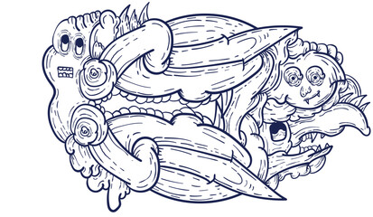 Doodle art pattern design in black and white brush style. It shows odd creatures interacting to give shape to new ones. The seamless design aligns in a mirrored way following two symmetrical axes