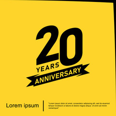 20th years anniversary celebration emblem. black logo isolated with ribbon on yellow background. vector illustration template design for web, flyers, poster, greeting card and invitation card
