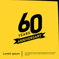 60th years anniversary celebration emblem. black logo isolated with ribbon on yellow background. vector illustration template design for web, flyers, poster, greeting card and invitation card