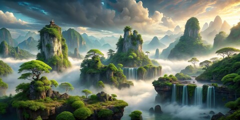 Enchanted Valley Mystical Peaks, Verdant Slopes, and Cascading Waterfalls in a Dreamlike Landscape