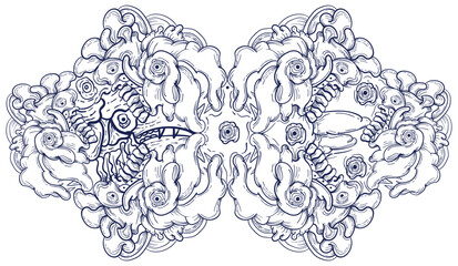 Doodle art pattern design in black and white brush style. It shows odd creatures interacting to give shape to new ones. The seamless design aligns in a mirrored way following two symmetrical axes
