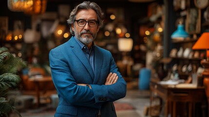 Fototapeta premium Confident man, antique shop, arms crossed, blurred background, business portrait