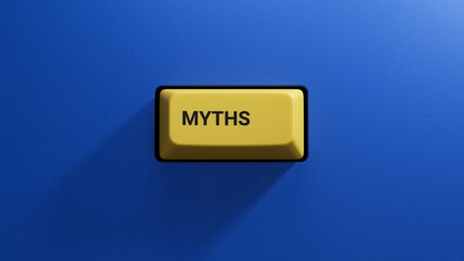MYTHS word made with building blocks. A row of yellow button with a word.close up button of keyboard,Business Concept.3D rendering on blue background.
