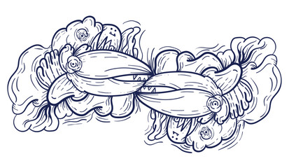 Doodle art pattern design in black and white brush style. It shows odd creatures interacting to give shape to new ones. The seamless design aligns in a mirrored way following two symmetrical axes