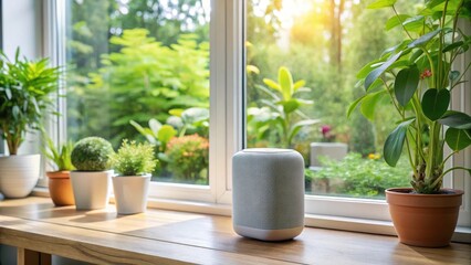 Fototapeta premium Modern smart speaker on a windowsill in a conservatory with lush green plants