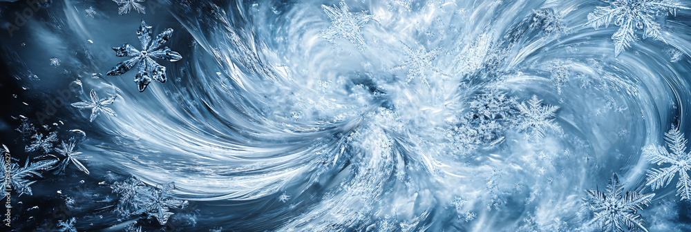Poster an abstract interpretation of a blizzard, with swirling snowflakes and icy patterns creating a sense