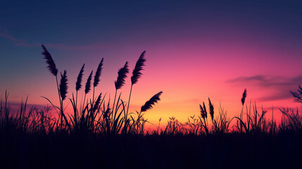 Minimal marsh scene at twilight, focusing on soft silhouettes of grasses and reeds against a gradient sky of purple and orange hues.