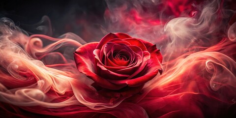 Elegant rose petal floating in a swirl of red smoke against a dark and mysterious background, with delicate texture and intricate patterns, swirling motion, red smoke