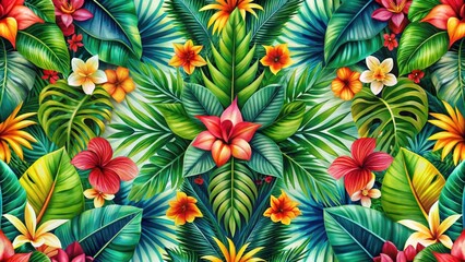 A beautiful and exotic seamless pattern composed of bright colored leaves and tropical flowers, arranged in a harmonious and symmetrical design , seamless, pattern