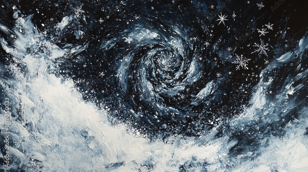 Aufkleber an abstract interpretation of a blizzard, with swirling snowflakes and icy patterns creating a sense