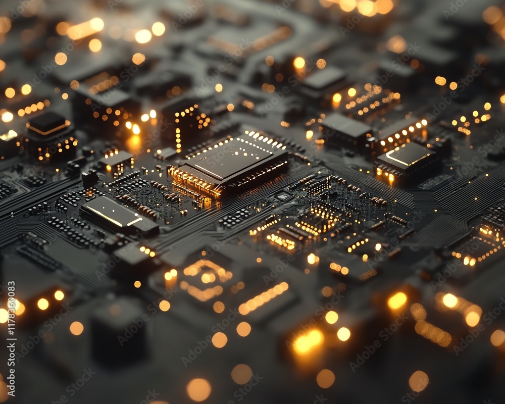 Poster 3d virtual technology landscape, glowing circuit boards and futuristic ui elements with soft lightin