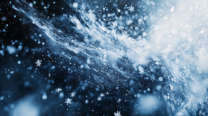 Fototapeta premium An abstract interpretation of a blizzard, with swirling snowflakes and icy patterns creating a sense of movement and chaos against a dark winter backdrop. 