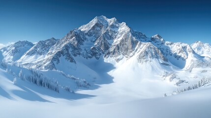 Fototapeta premium A breathtaking snowy mountain landscape under a clear blue sky.
