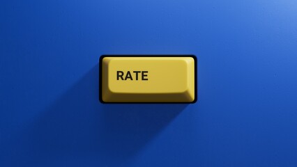 rate Word Written In yellow button on notebook with pen.close up button of keyboard,Business Concept.3D rendering on blue background.