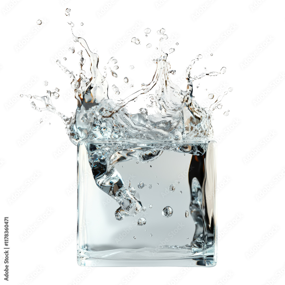Poster dynamic splash of water in a glass capturing the essence of refreshment and vitality in a bright and