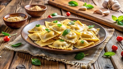 Freshly made ravioli with delicate pasta and flavorful filling on a wooden table in a cozy Italian-style kitchen, kitchen essentials, fresh pasta
