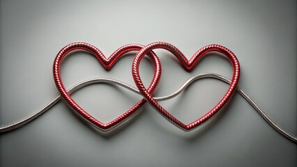 A pair of red hearts intertwined with a delicate silver thread