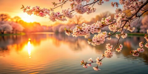 Delicate cherry blossoms floating on a serene lake at sunset with soft focus and warm colors