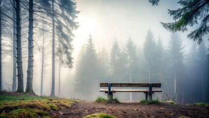 Bench surrounded by fog in winter forest, wooden, grey sky,  wooden, grey sky, red furniture, forest, outdoor