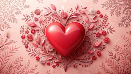 A bold red heart shape with intricate details, placed on a soft pink background, surrounded by subtle floral patterns and delicate greenery , love ornaments , valentines day