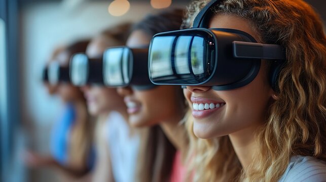 Women experiencing VR, office background, technology demo