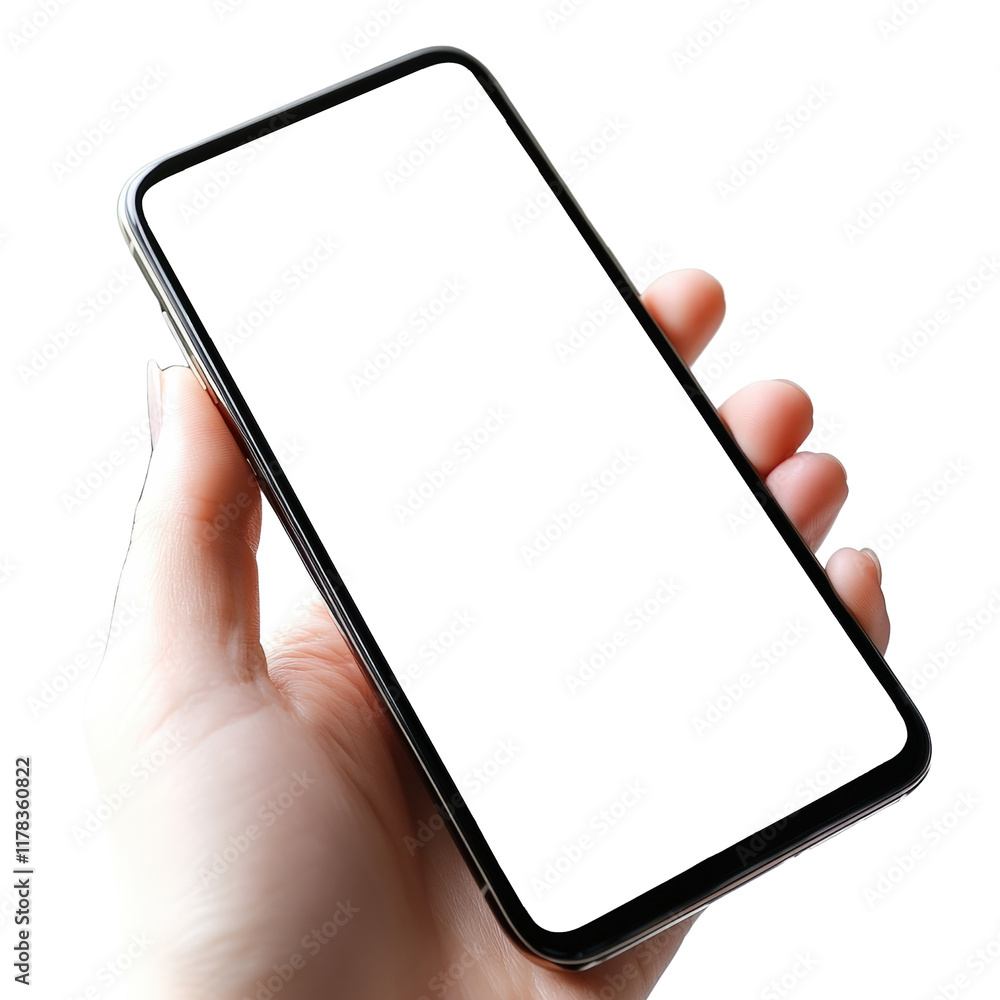 Poster individual holding mobile device with blank display in modern indoor setting conveying anticipation 