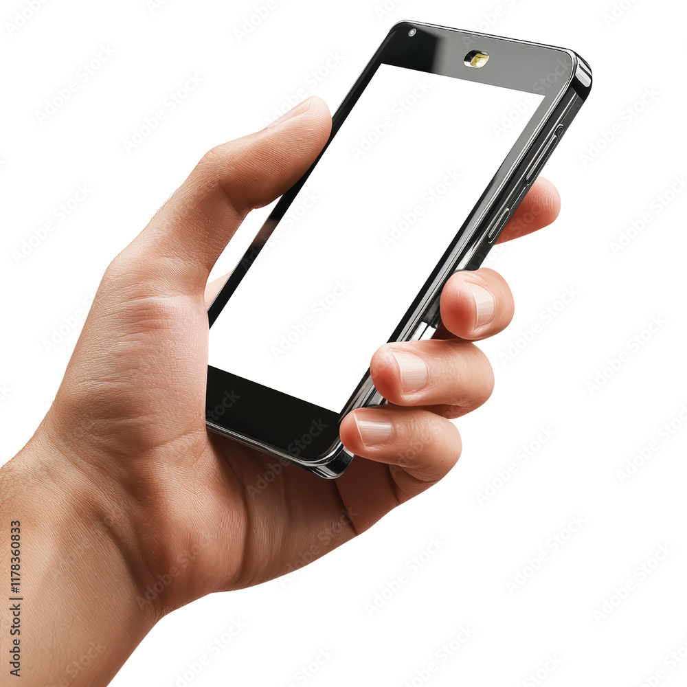 Poster hand holding smartphone with blank screen in natural light setting ideal for displaying content or p