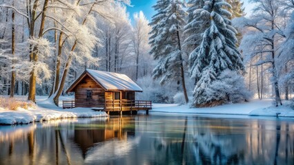 Fototapeta premium Cozy wooden cabin in snow-covered forest with bare trees and frozen lake, woodland scenery