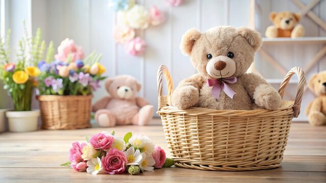 Adorable teddy bear in wicker basket with soft toys and flowers, childless room, flowers,  childless room, flowers