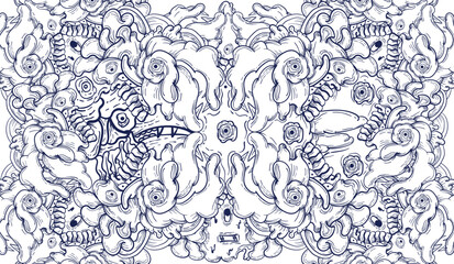 Doodle art pattern design in black and white brush style. It shows odd creatures interacting to give shape to new ones. The seamless design aligns in a mirrored way following two symmetrical axes