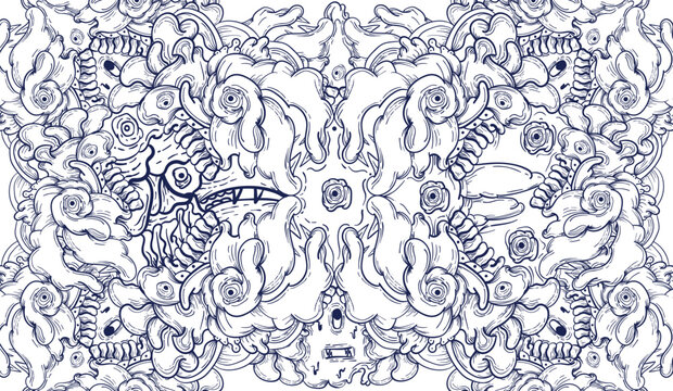 Doodle art pattern design in black and white brush style. It shows odd creatures interacting to give shape to new ones. The seamless design aligns in a mirrored way following two symmetrical axes