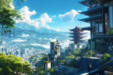 Obraz premium Japanese Futuristic City Balancing Tradition with High-Tech Skyscrapers in a Lush Landscape Surrounded by Green Nature and Mountains
