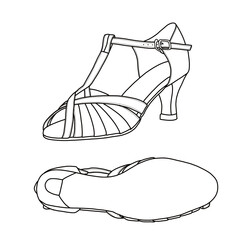 Technical sketch hand-drawing of women's Latin salsa dance ballroom dance shoe, tango dance shoe. Outline vector doodle illustration, front, side, and bottom view. Isolated on a white background.