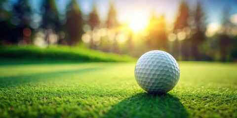 Naklejka premium Golf ball centered on a rolling green surface with subtle texture and soft focus effect , circular object, outdoor scene