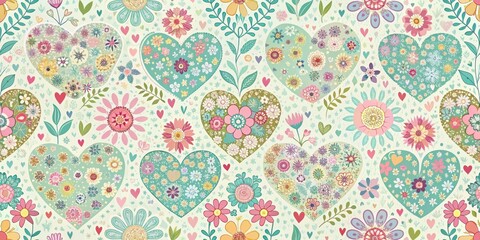 Colorful Heart Seamless Pattern with Floral Accents and Soft Pastel Hues