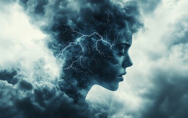Human head surrounded by swirling storm clouds, lightning bolts representing confusion and anxiety, stormy mind visual, highresolution, emotional depth