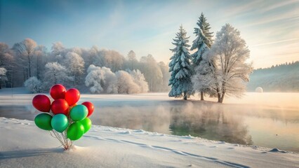 Winter wonderland scene with a cluster of colorful balloons resting on snowy ground near a tranquil frozen lake and frost-covered trees under a serene sunrise